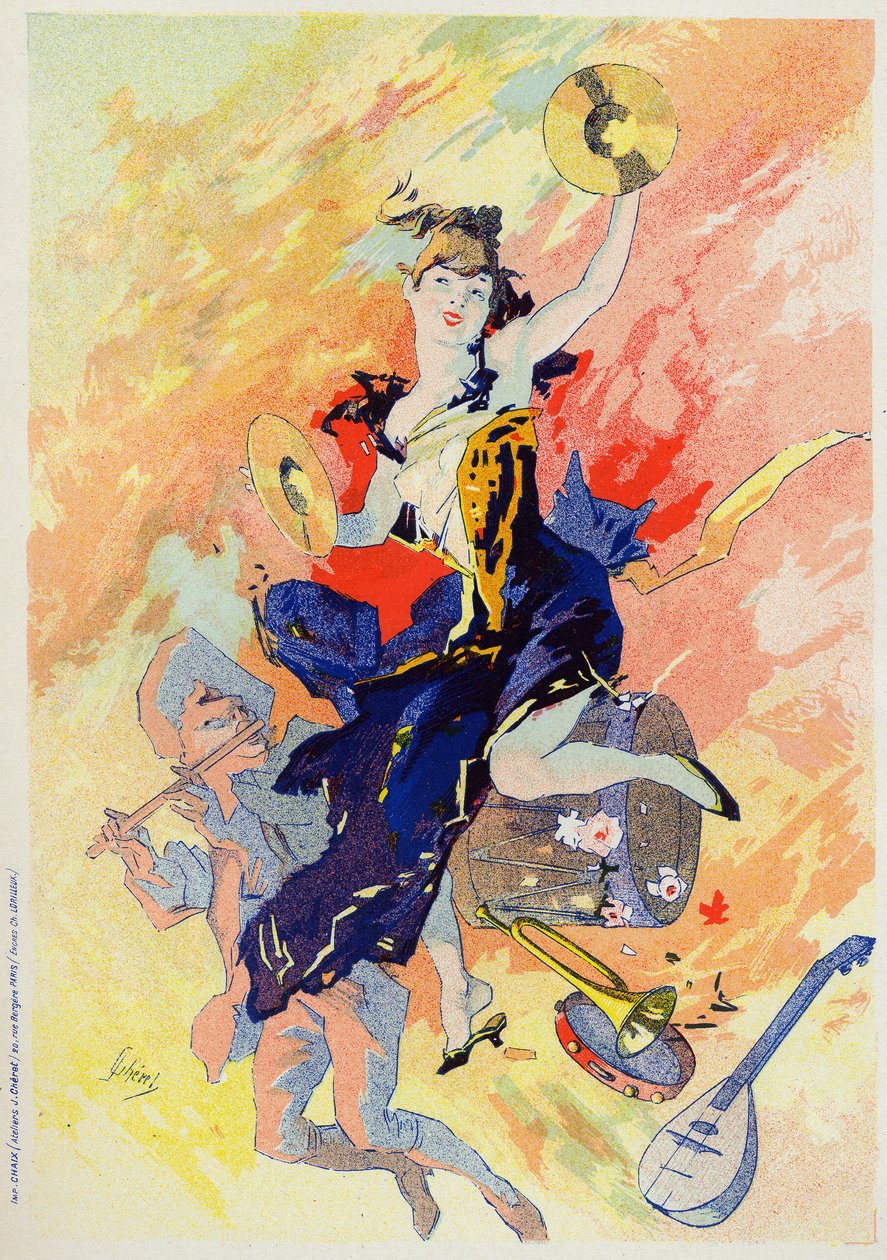 Kunst. Underholdning. Musikken. Allegori av Jules Cheret, Frankrike, ca. 1890 (plakat) av Jules Cheret