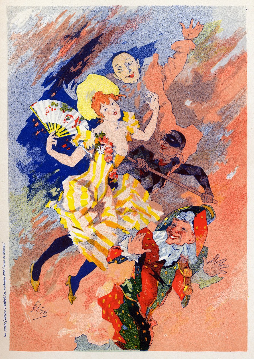 Kunst. Underholdning. Mimeshowet. Allegori av Jules Cheret, Frankrike, ca. 1890 (plakat) av Jules Cheret