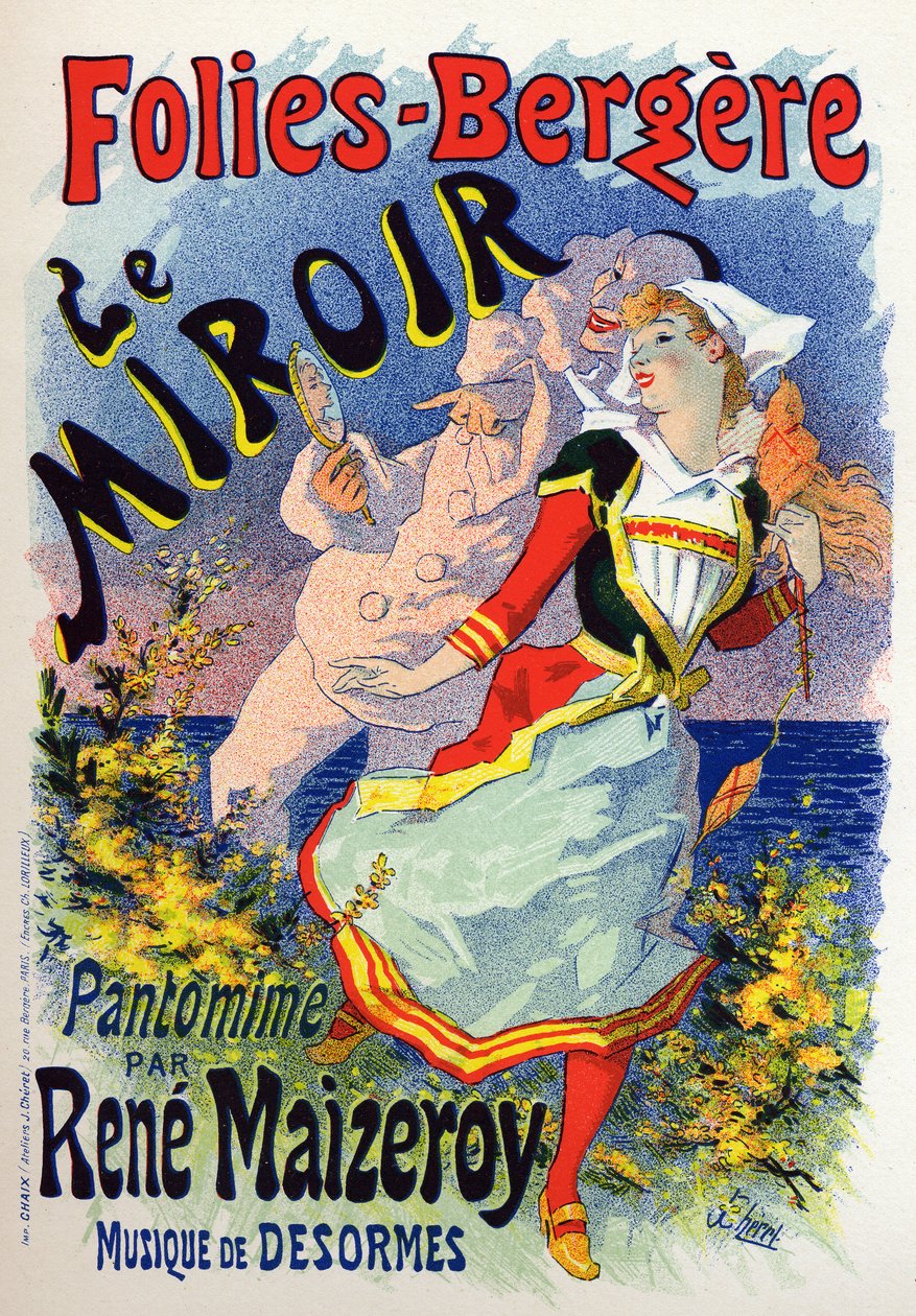 Kunst. Underholdning. Speil- og mimeshowet på kabareten Les Folies Bergeres, Paris. Plakat av Jules Cheret, Frankrike, ca. 1890 (plakat) av Jules Cheret
