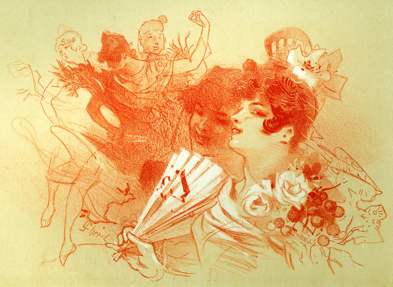 Ved ballet - tegning (sanguine) av Jules Cheret (1836 - 1932) - unge kvinner og dansere - dans - privat samling - av Jules Cheret