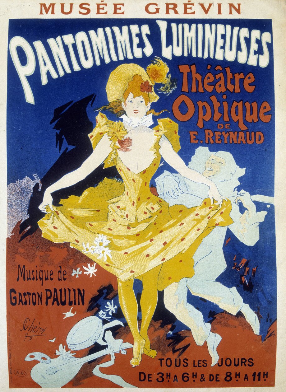 Danser og musiker - plakat for de lysende pantomimene til Reynaud og Paulin på Grévin-museet av Jules Cheret, sent på 1800-tallet av Jules Cheret