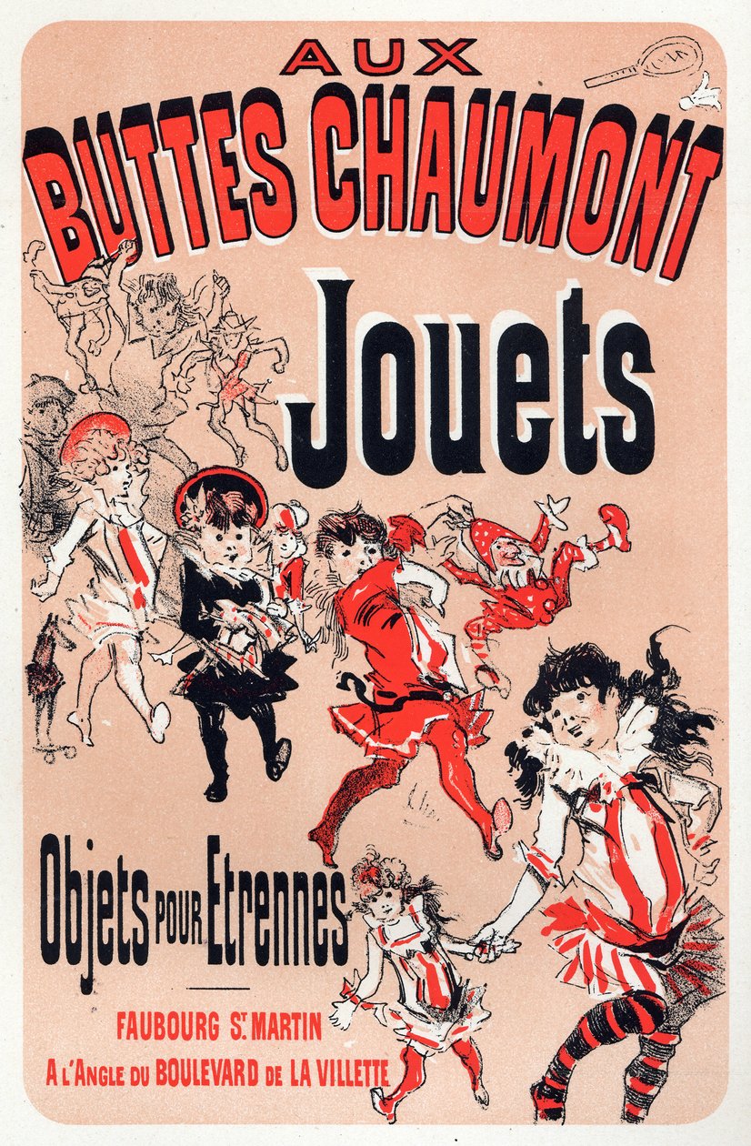 Økonomi. Aux Buttes Chaumont, lekebutikk i Paris. Plakat av Jules Cheret, Frankrike, ca. 1880 (plakat) av Jules Cheret