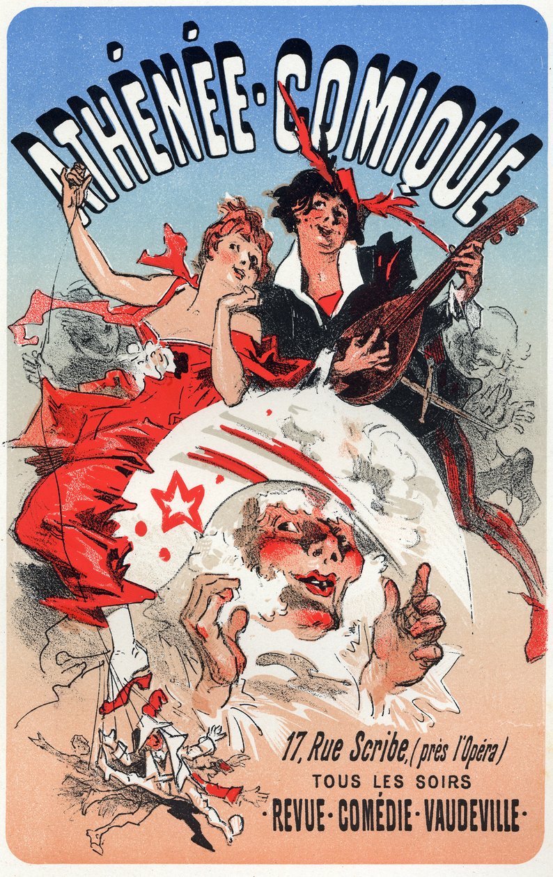 Underholdning. The Athenee Comique, teater i paris. Plakat av Jules Cheret, Frankrike, ca. 1870-80 (plakat) av Jules Cheret