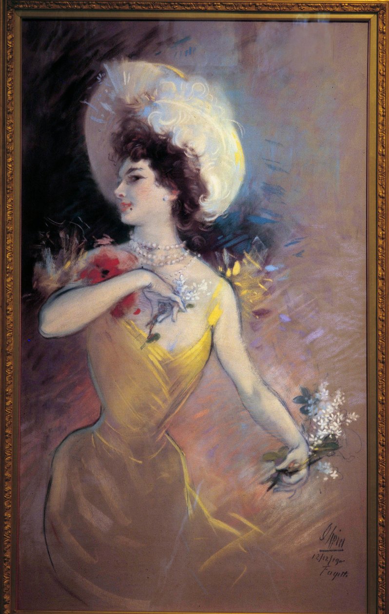 Fagette Ung kvinne med hatt og blomsterbukett. Maleri av Jules Cheret (1836-1932) 1900. Nice, Musee Cheret av Jules Cheret