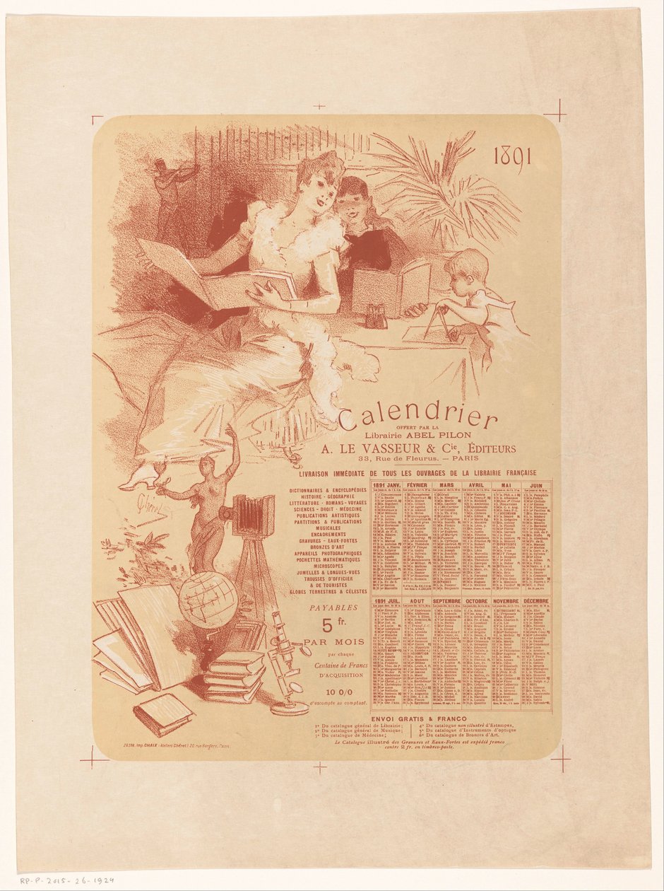 Kalender for bokhandel Abel Pilon og forlegger A. Le Vasseur & Cie for året 1891 av Jules Cheret