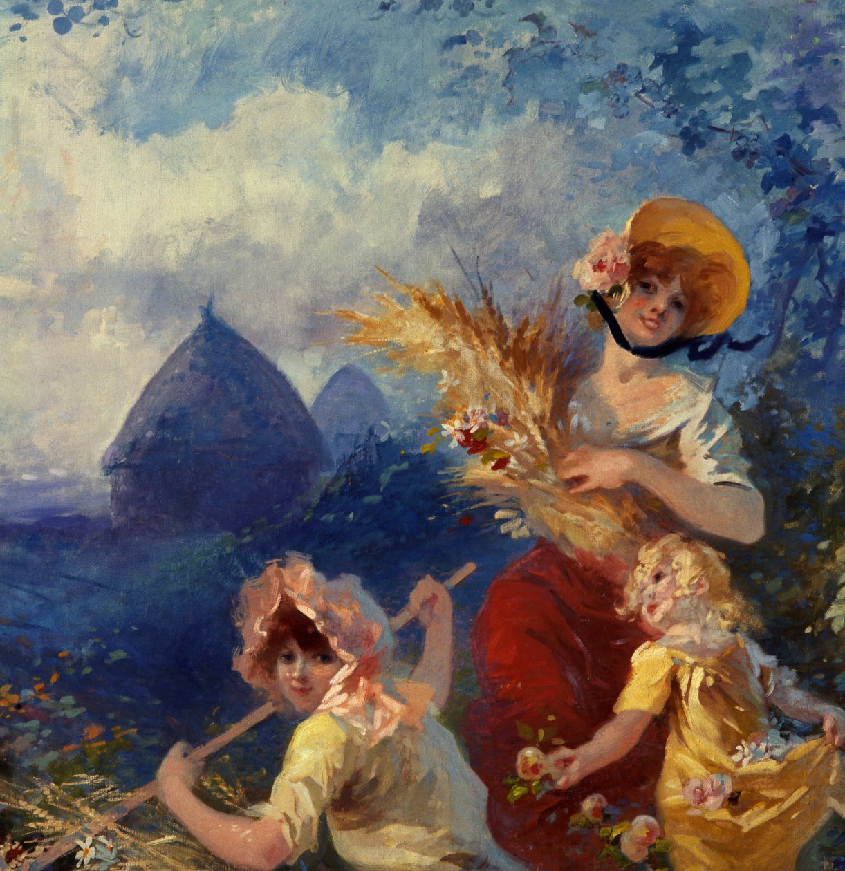 La Terre Allegorie som representerer unge kvinner som holder hvetestøvler mot en bakgrunn av høsting. Detalj. Kartong for billedvev av Jules Cheret (1836-1932) Nice fra 1900-tallet, Musee Cheret av Jules Cheret