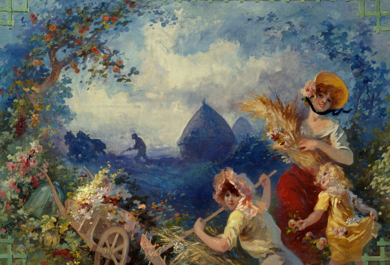 La Terre Allegorie som representerer unge kvinner som holder hvetestøvler mot en bakgrunn av høsting. Kartong for billedvev av Jules Cheret (1836-1932) Nice fra 1900-tallet, Musee Cheret av Jules Cheret