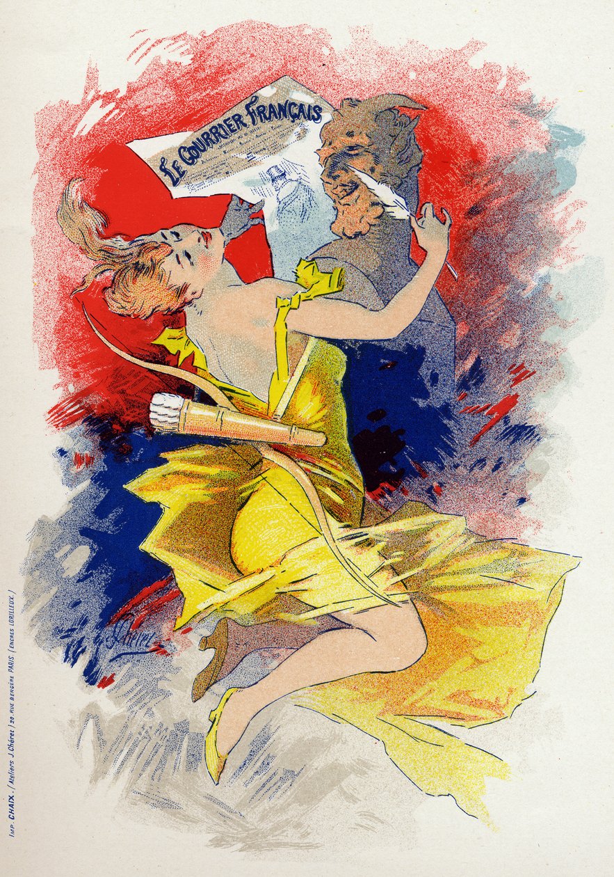 Litteratur. Avisen Le Courrier Francais. Allegori av Jules Cheret, Frankrike, ca. 1890 (plakat) av Jules Cheret
