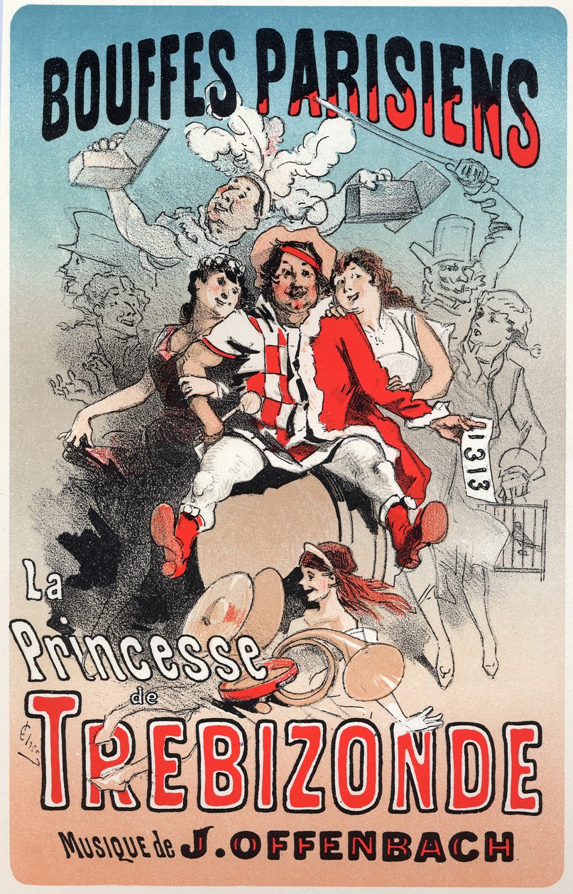 Musikk. Prinsessen av Trebizonde, operette av Jacques Offenbach. Plakat av Jules Cheret for det første showet til Bouffes Parisiens, Paris, Frankrike av Jules Cheret