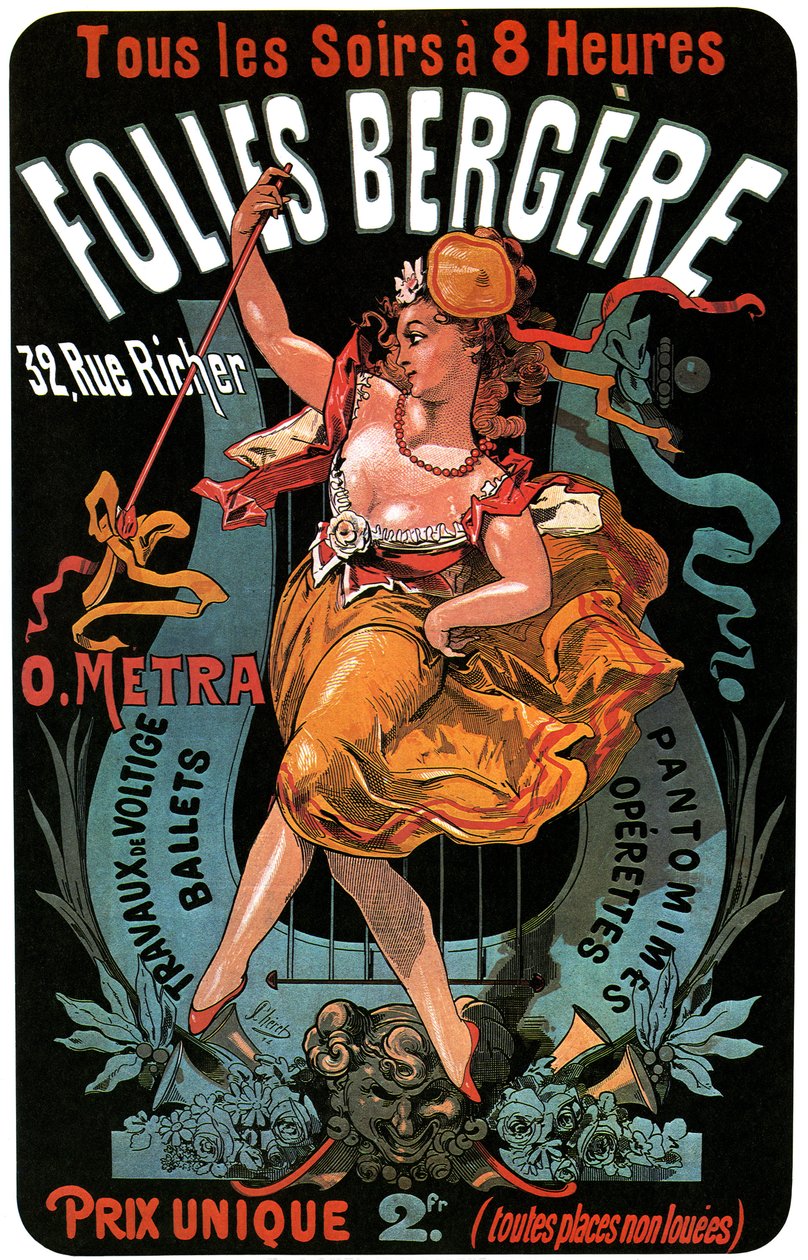 Plakat for Folies-Bergere 1874 av Jules Cheret (1836-1932) - aerobatiske verk, balletter, pantomimer, operetter, dans, danser, musikksal (musikkhall), homofile Paris, Paris om natten - av Jules Cheret