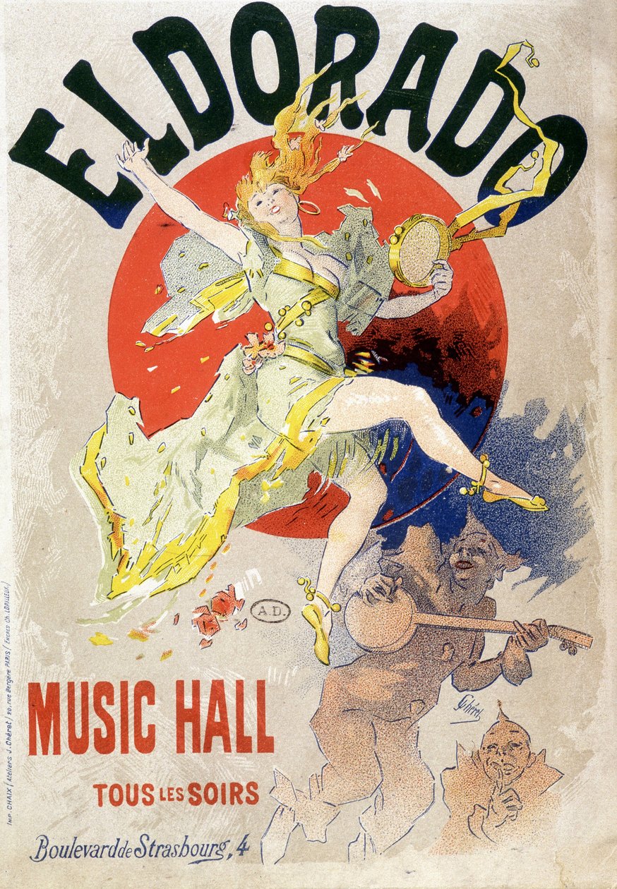 Plakat for Music Hall planlagt hver kveld på Eldorado Theatre, boulevard de Strasbourg i Paris. Rundt 1900 (litografi) av Jules Cheret