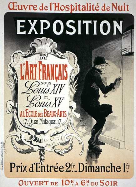 Reproduksjon av en plakat som reklamerer for en "Utstilling av fransk kunst under Ludvig XIV og XVs regjeringstid" ved Ecole des Beaux-Arts, Paris av Jules Cheret