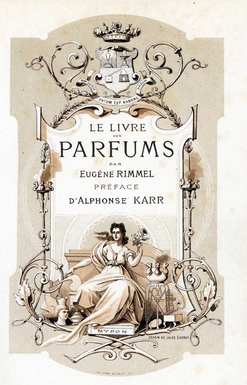 Tittelside med et våpenskjold og en kvinne som holder en rose, sittende på en trone - Illustrasjon av Jules Cheret (1836-1932) fra Le Livre des Parfums av Eugene Rimmel (1820-1887), Frankrike av Jules Cheret