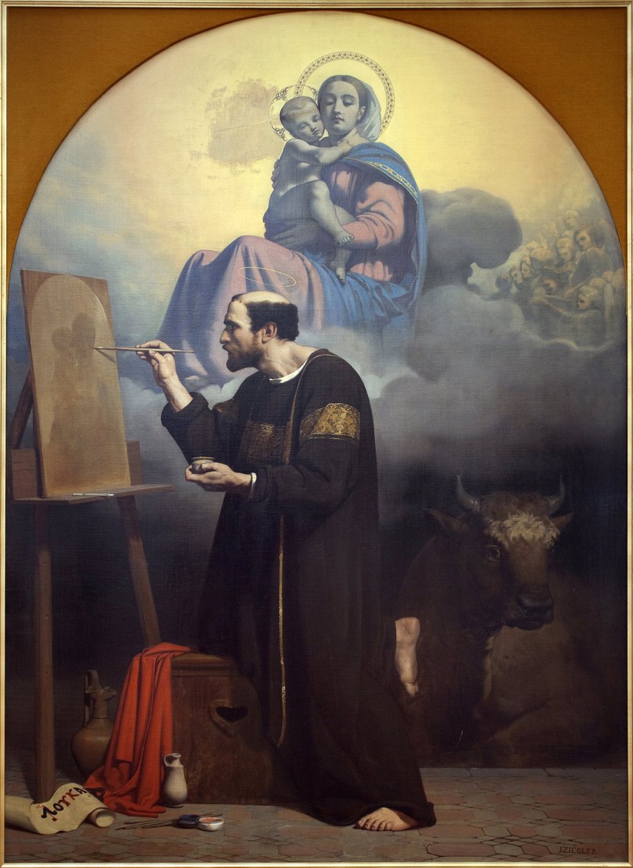 Saint Luke maler jomfruen. Visjon av Saint Luke. Maleri av Jules Claude Ziegler (1804-1856), olje på lerret av Jules Claude Ziegler