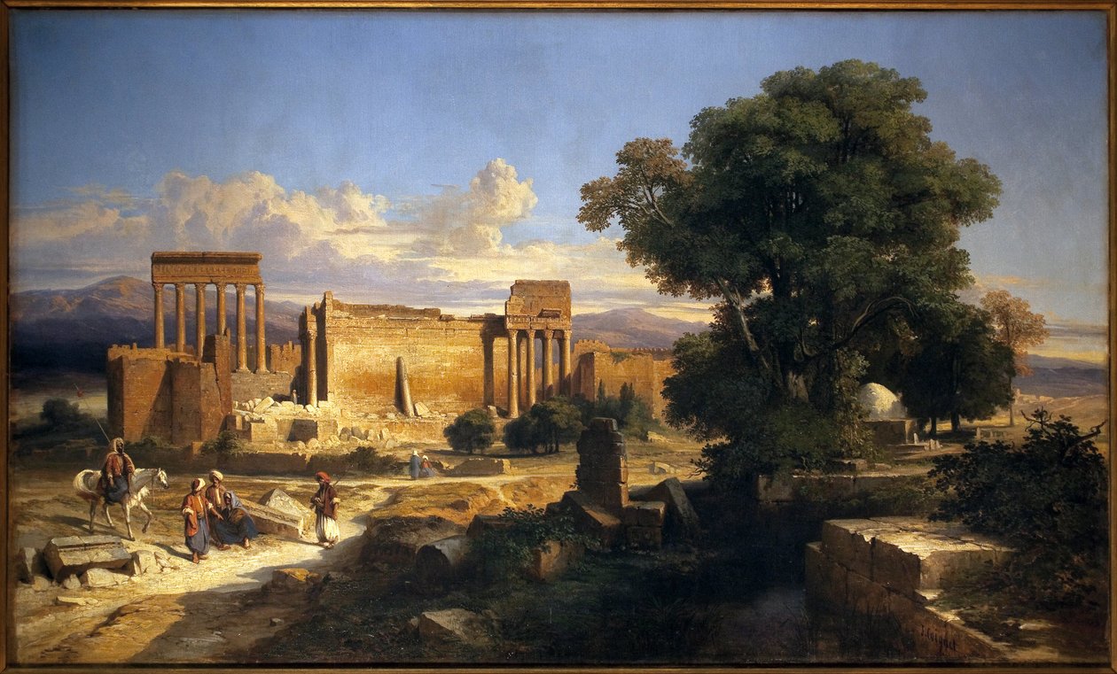 Ruinene av Balbeck (eller Baalbek, Baalbec, gamle Heliopolis, dagens Libanon). Maleri av Jules Coignet (1798-1860), olje på lerret av Jules Coignet