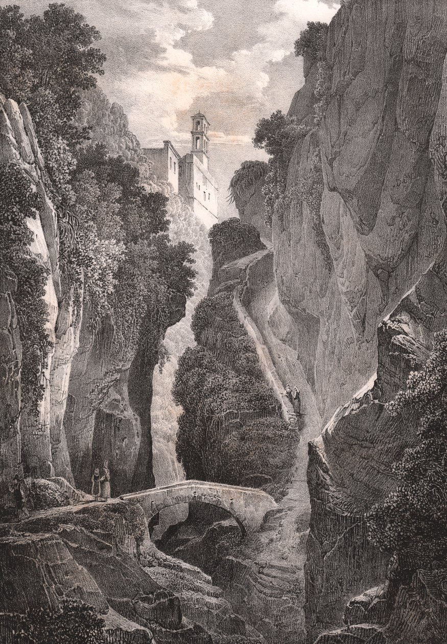 Valley of Mills i Sorrento, Campania, Italia, litografi av Villeneuve etter tegning av Jules Coignet (1798-1860), 21,5x34,5 cm av Jules Coignet
