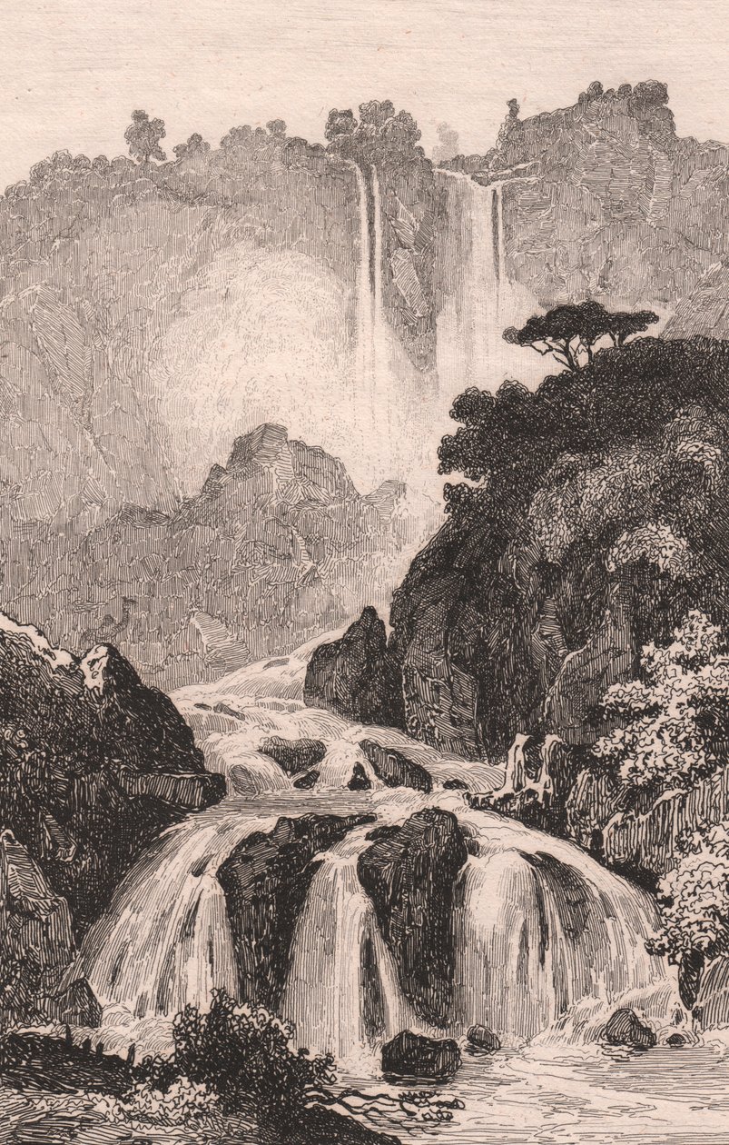 Utsikt over Marmores Falls (Cascata delle Marmore) nær Terni, Umbria, Italia, stålgravering etter tegning av Jules Coignet (1798-1860), ca. 14x20 cm av Jules Coignet
