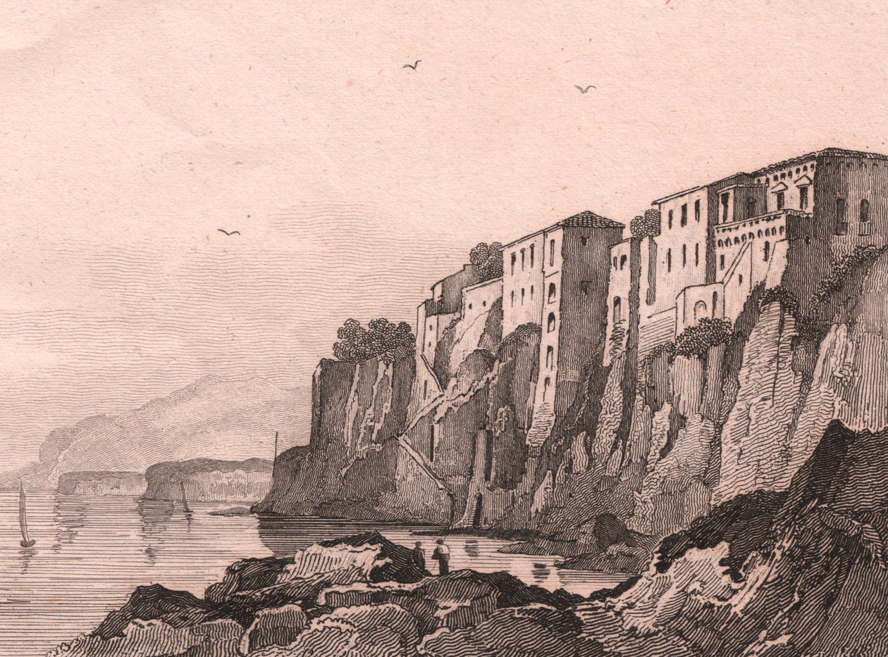Utsikt over Sorrento med huset til Torquato Tasso, Campania, Italia, stålgravering av Sauvage etter tegning av Jules Coignet (1798-1860), ca 13x10 cm av Jules Coignet