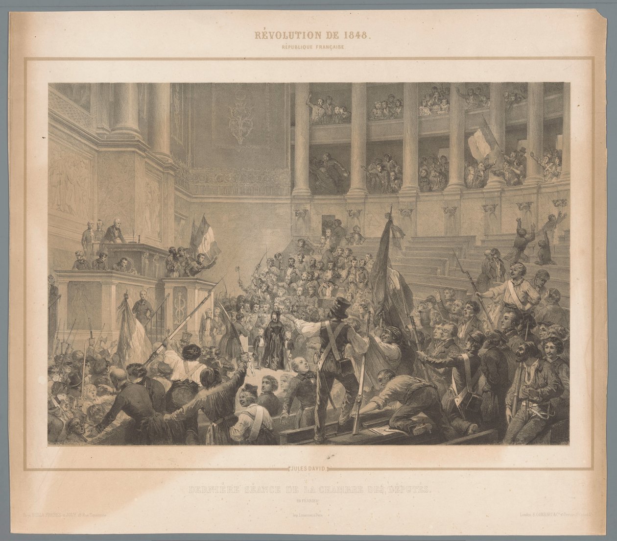 Parisiske opprørere forstyrrer møtet i Deputertkammeret Dernière séance de la chambre des députés (tittel på objekt) Scener fra februarrevolusjonen i 1848 (serietittel) Révolution de 1848 (serietittel på objekt) av Jules  David