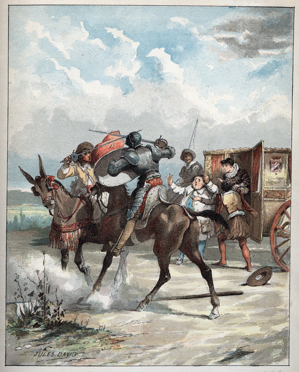Don Quixote attacking his enemy - Don Quixote, sur son cheval se precipite sur son enemy - Illustration of Jules David (1808-1892) from Histoire de Don Quixote (Don Quixote) - 1887 - by Miguel de Cervantes Saavedra (1547-1616) - av Jules David