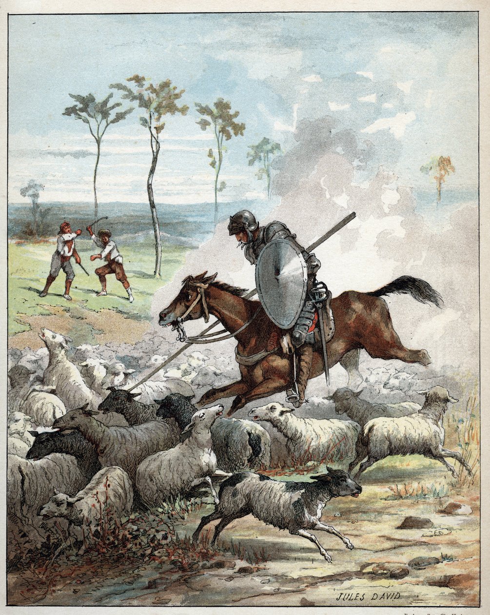 Don Quijote dreper sauer og trodde de var riddere - Don Quijote på hesten gjennomborer sauene han tar for riddere - Illustrasjon av Jules David (1808-1892) fra Histoire de Don Quixote (Don Quixote) - 1887 - av Miguel de Cervantes Saavedra (1547) -1616) av Jules David