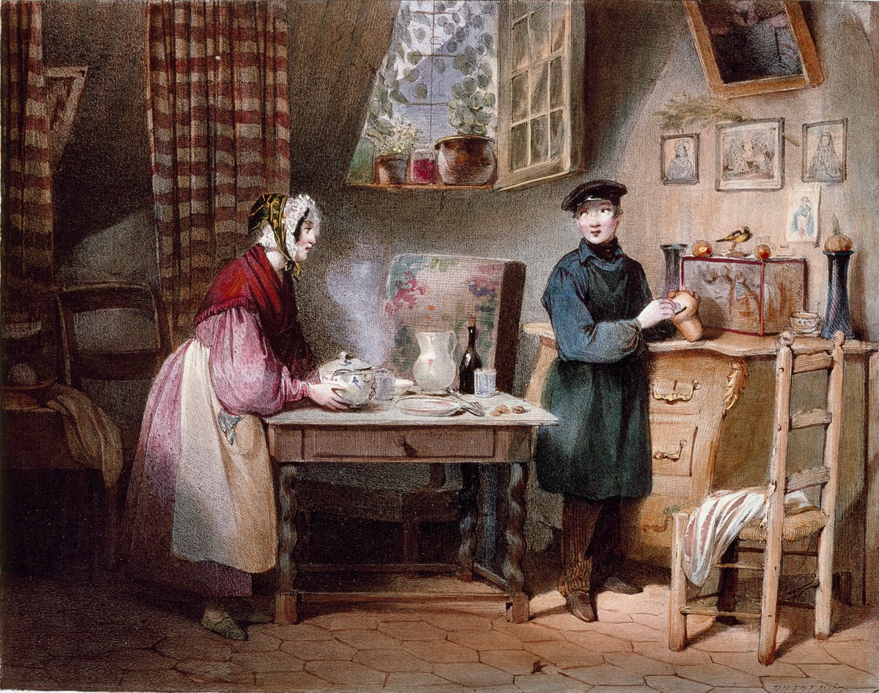 Økonomi. Ungt par i et hus: kvinnen putter en slurk på bordet og mannen legger en mynt i sparegrisen. Fargegravering av Jules David (1800-tallet) Paris, Musee Carnavalet av Jules David