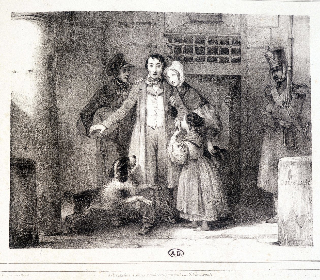Mann forlater fengselet og gjenforent med familien sin, ca. 1830. av Jules David