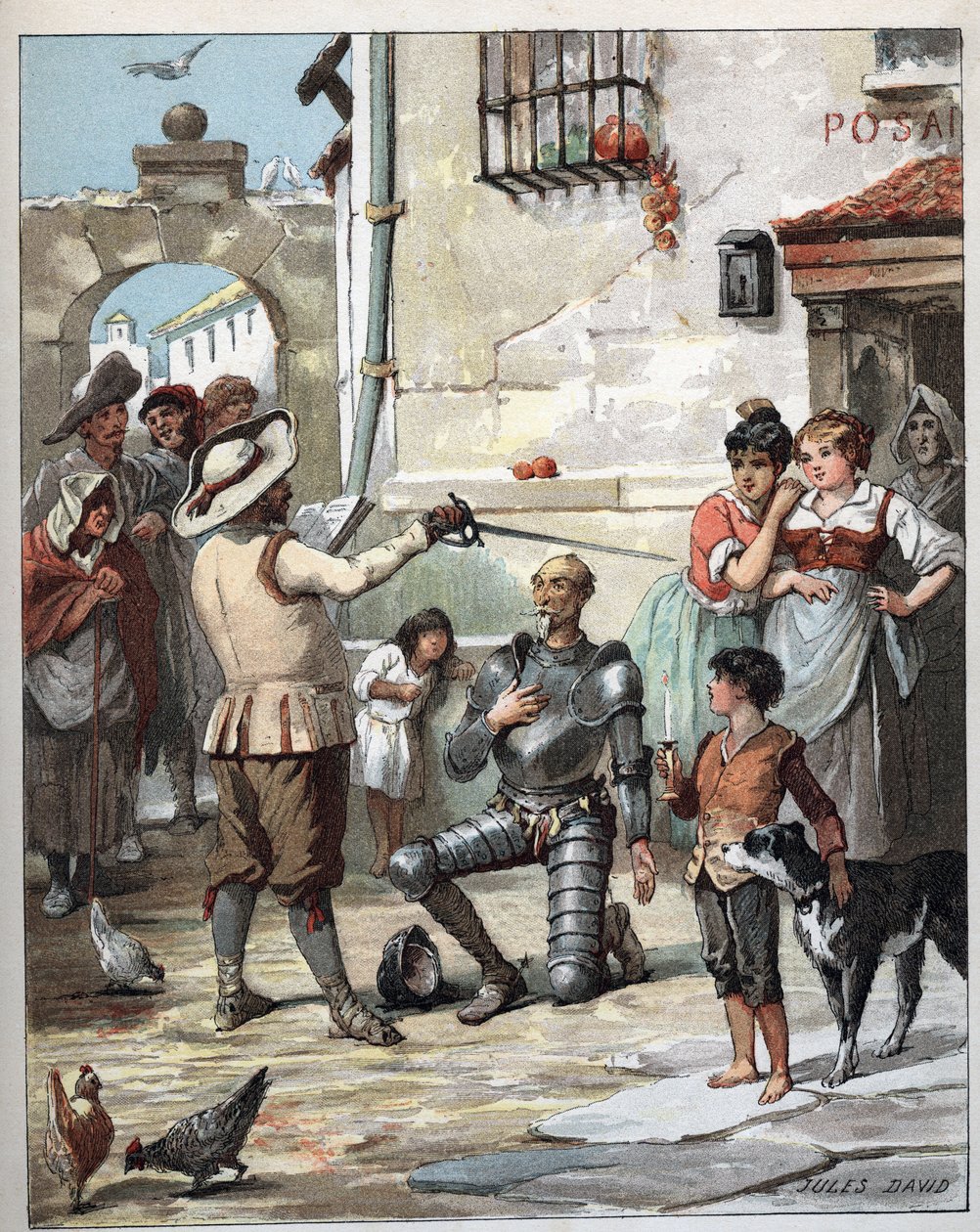 Utenfor et vertshus blir Don Quijote ridder - Illustrasjon av Jules David (1808-1892) fra Histoire de Don Quixote (Don Quixote) - 1887 - av Miguel de Cervantes Saavedra (1547-1616) - av Jules David
