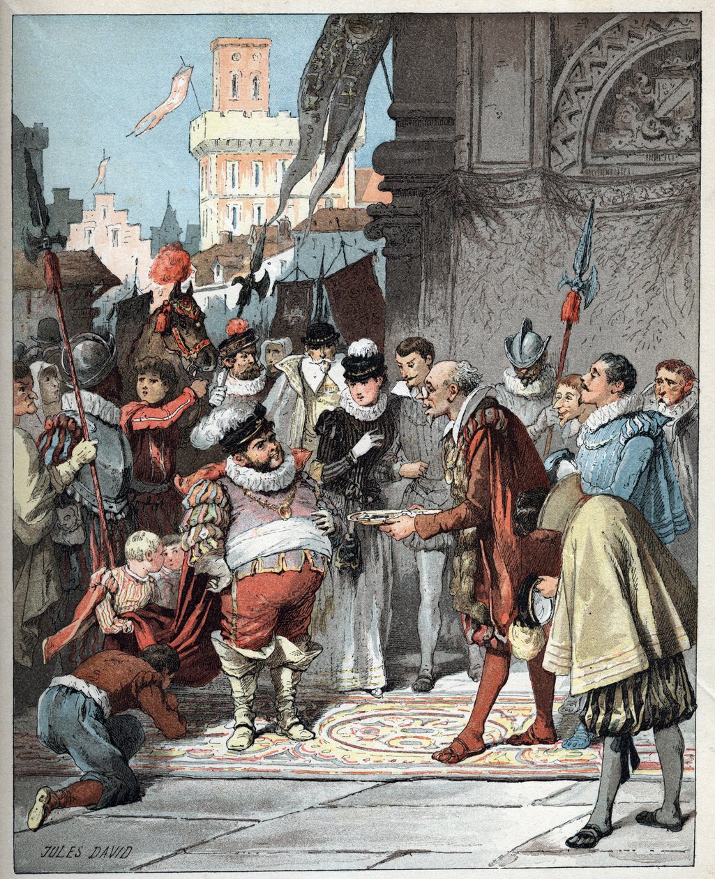 Sancho Panza appointed as governor of Barataria island - Sancho Panza is made Perpetual Governor of Barataria Island - Illustration of Jules David (1808-1892) from Histoire de Don Quixote (Don Quixote) - 1887 - by Miguel de Cervantes Saavedra (1547-1616) - av Jules David