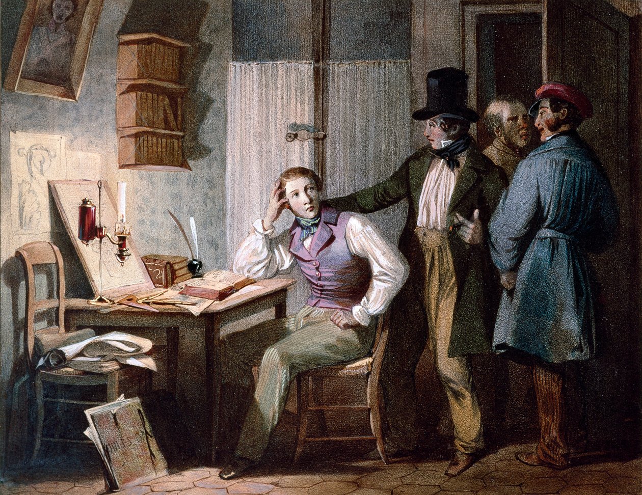 Studere. En flittig student på kontoret hans blir på jobb mens vennene hans går ut. Fargegravering av Jules David (1800-tallet). Paris, Musee Carnavalet av Jules David