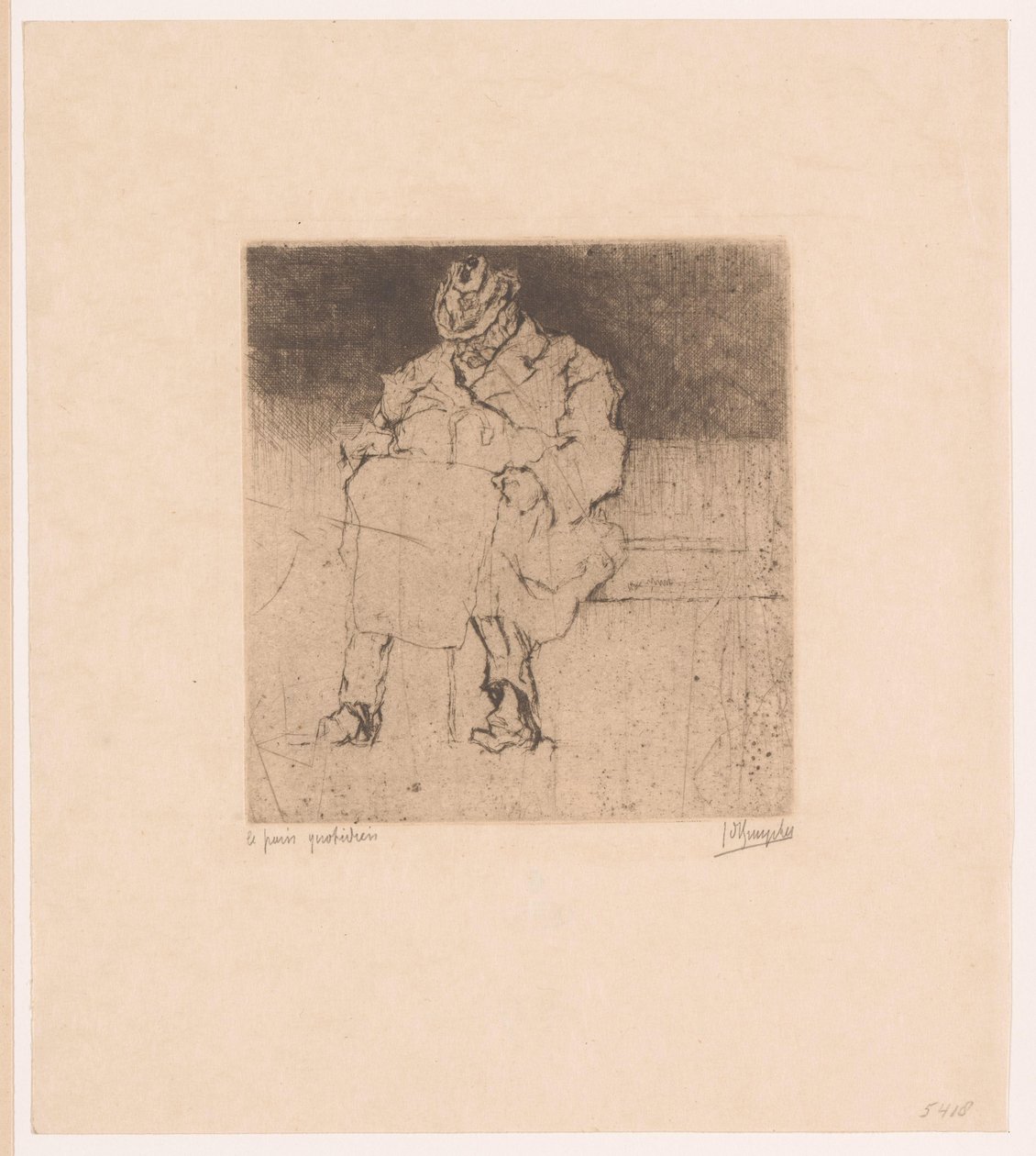 Eldre herre med spaserstokk sitter på en benk Le pain quotidien (tittel på objekt) av Jules De Bruycker (signed by artist)