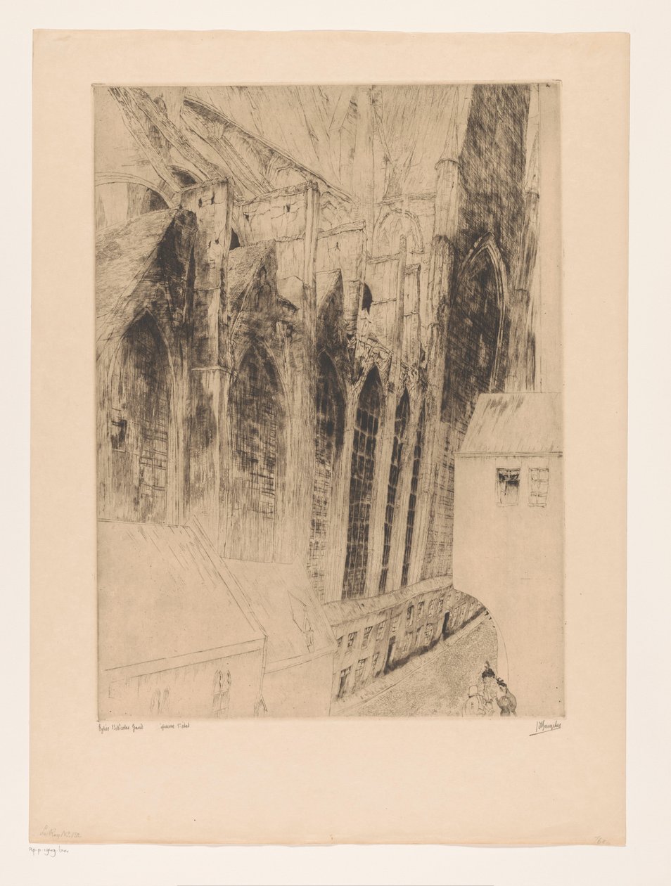Utsikt over sidefasaden til Sint-Niklaaskerk i Gent Eglise St Nicolas Gand (tittel på objekt) Rue du Chapeau Rouge a Gand av Jules De Bruycker (signed by artist)
