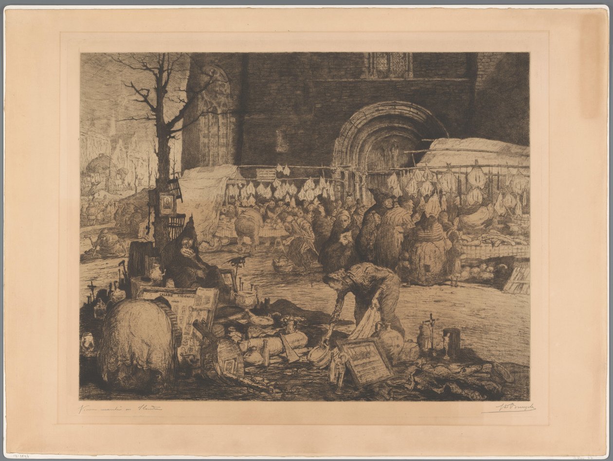 Utsikt over et marked i Flandern Vieux marché en Flandre (tittel på objekt) av Jules De Bruycker (signed by artist)