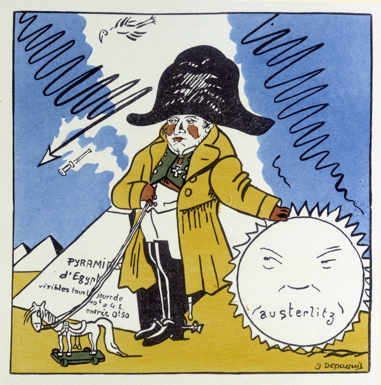 Austerlitz, Jena, Wagram: Karikatur på Napoleon 1. - i "" Histoire de France"" av Jules Depaquit, ill. av seg selv, red. Jonquieres, Paris av Jules Depaquit