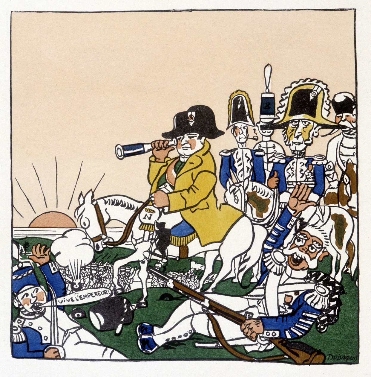 Napoleon i slaget ved Austerlitz (1805) - i "Histoire de France" av Jules Depaquit, ill. av seg selv, red. jonquières, Paris av Jules Depaquit