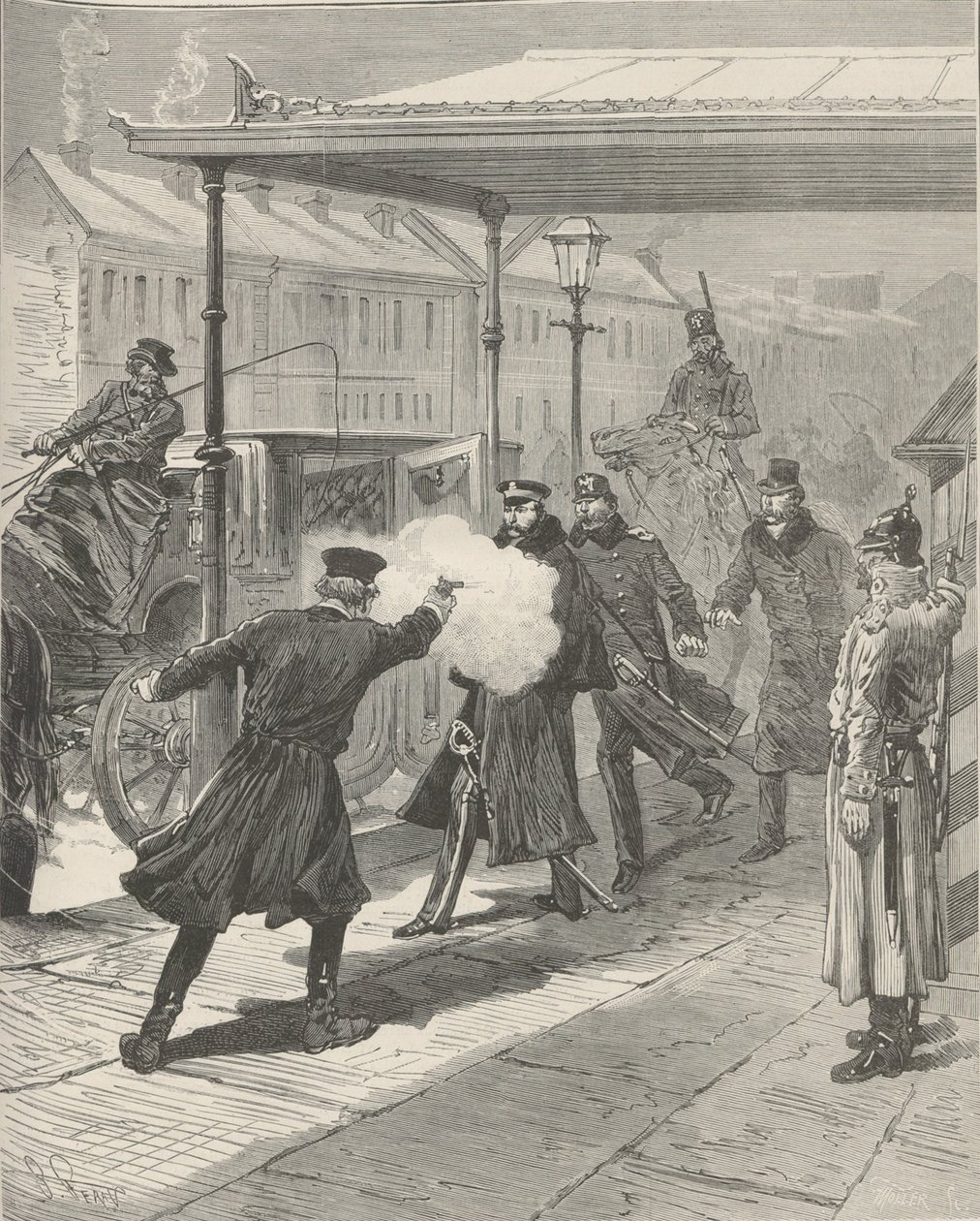 Attentatet på grev Mikhail Loris-Melikov. Fra Le Monde Illustré, 1880. av Jules Descartes Férat