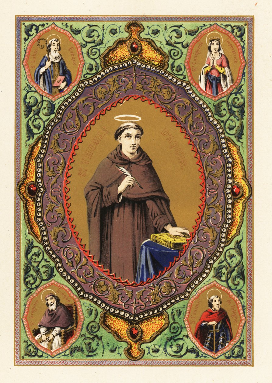 Portrett av Saint Thomas Aquinas, med glorie, fjærpenn og bibel, i en dekorativ kant av løvverk og forgylt av Jules Desportes