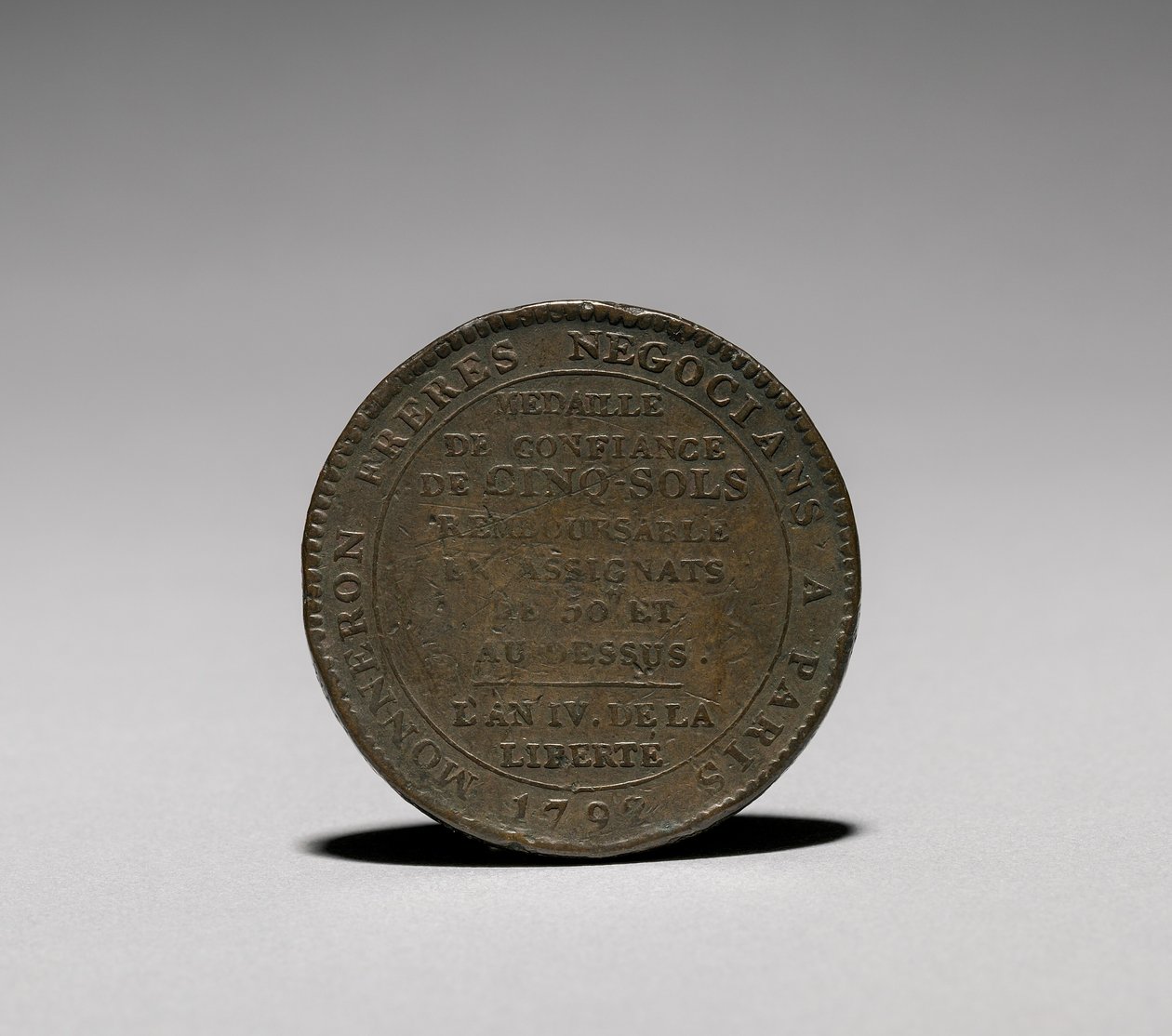 Medalje: Fem soler utstedt av Monneron Brothers, Paris, 1792 omvendt. av Jules Dupré