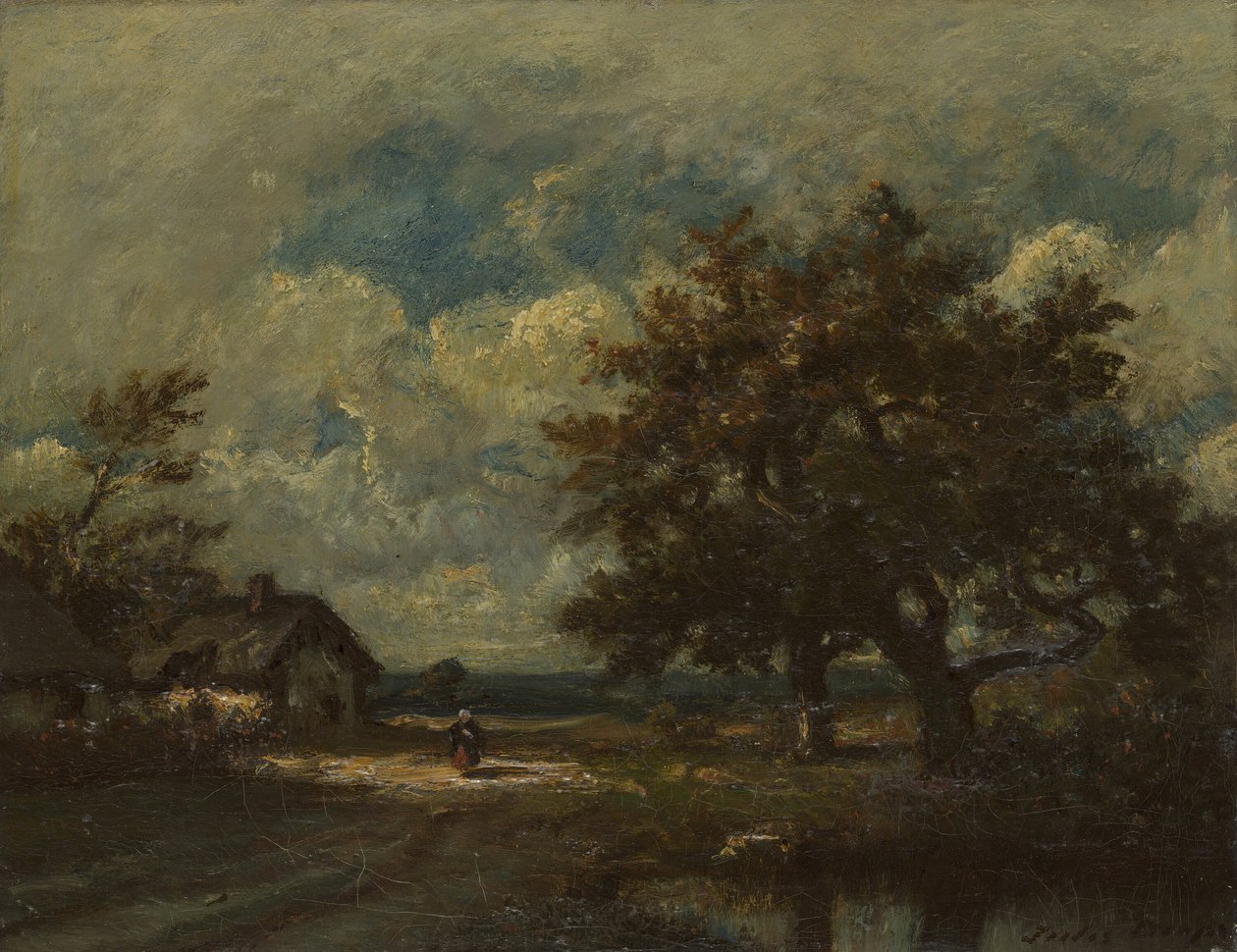 Hytta ved veikanten, Stormy Sky, ca. 1860. av Jules Dupré
