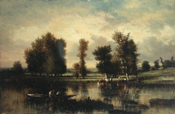 Båt på kanten av elven (olje på vugget panel) av Jules Dupré