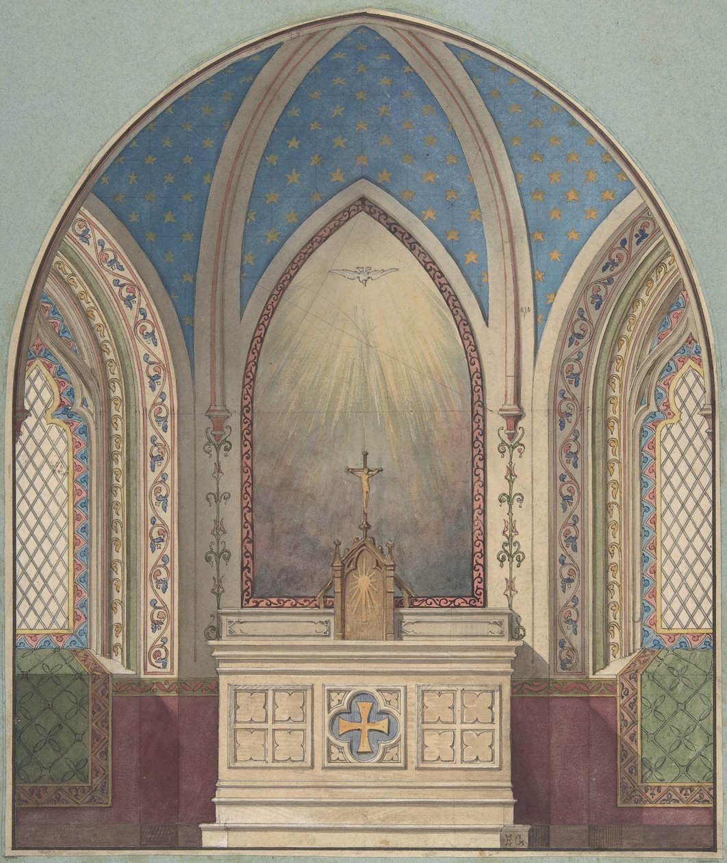 Design for alter, Saint Clotilde, andre halvdel av 1800-tallet. Skapere: Jules-Edmond-Charles Lachaise, Eugène-Pierre Gourdet. av Jules Edmond Charles Lachaise and Eugène Pierre Gourdet