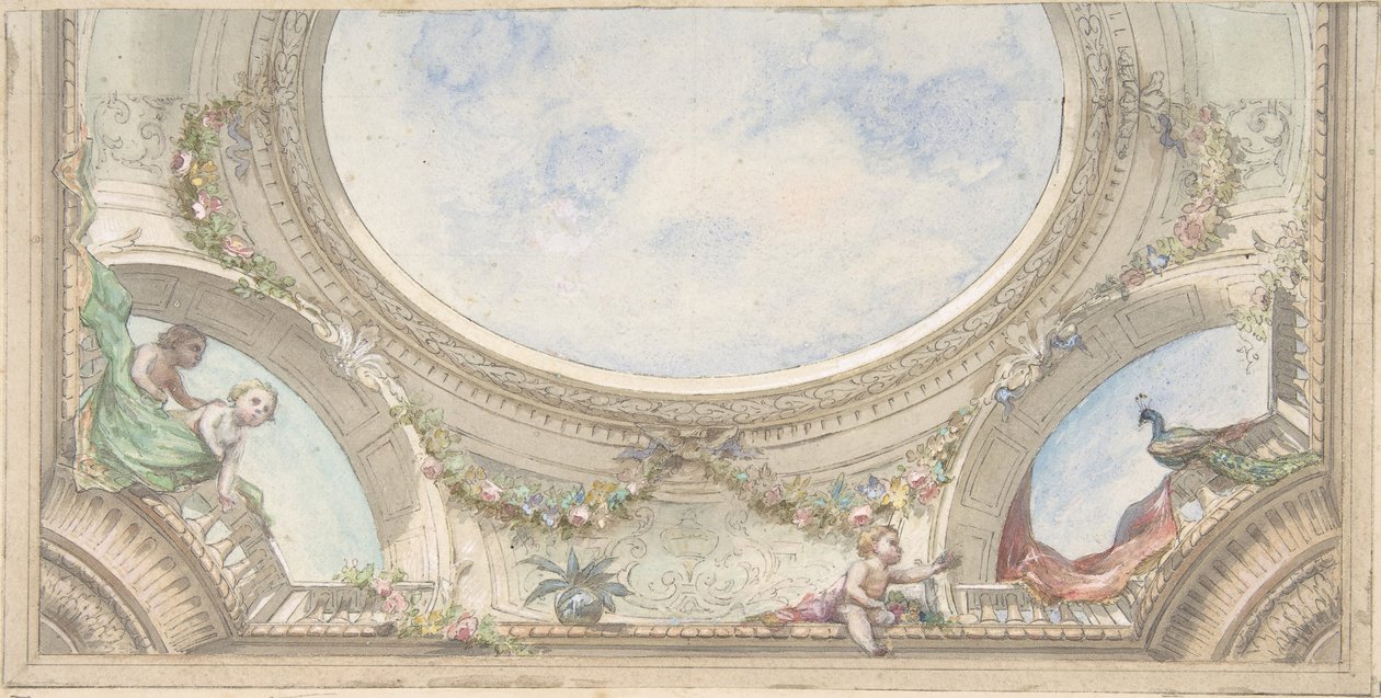 Design for Trompe L'Oeil-tak for spisestue, Hotel de Trévise, 1850-1910. Skapere: Jules-Edmond-Charles Lachaise, Eugène-Pierre Gourdet. av Jules Edmond Charles Lachaise and Eugène Pierre Gourdet