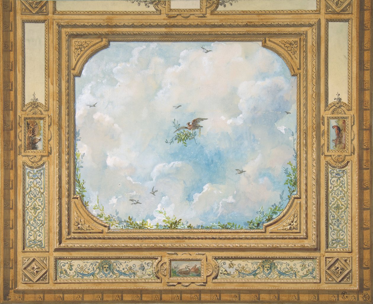 Design for et tak dekorert med skyer og fugler, 1830-97. Skapere: Jules-Edmond-Charles Lachaise, Eugène-Pierre Gourdet. av Jules Edmond Charles Lachaise and Eugène Pierre Gourdet