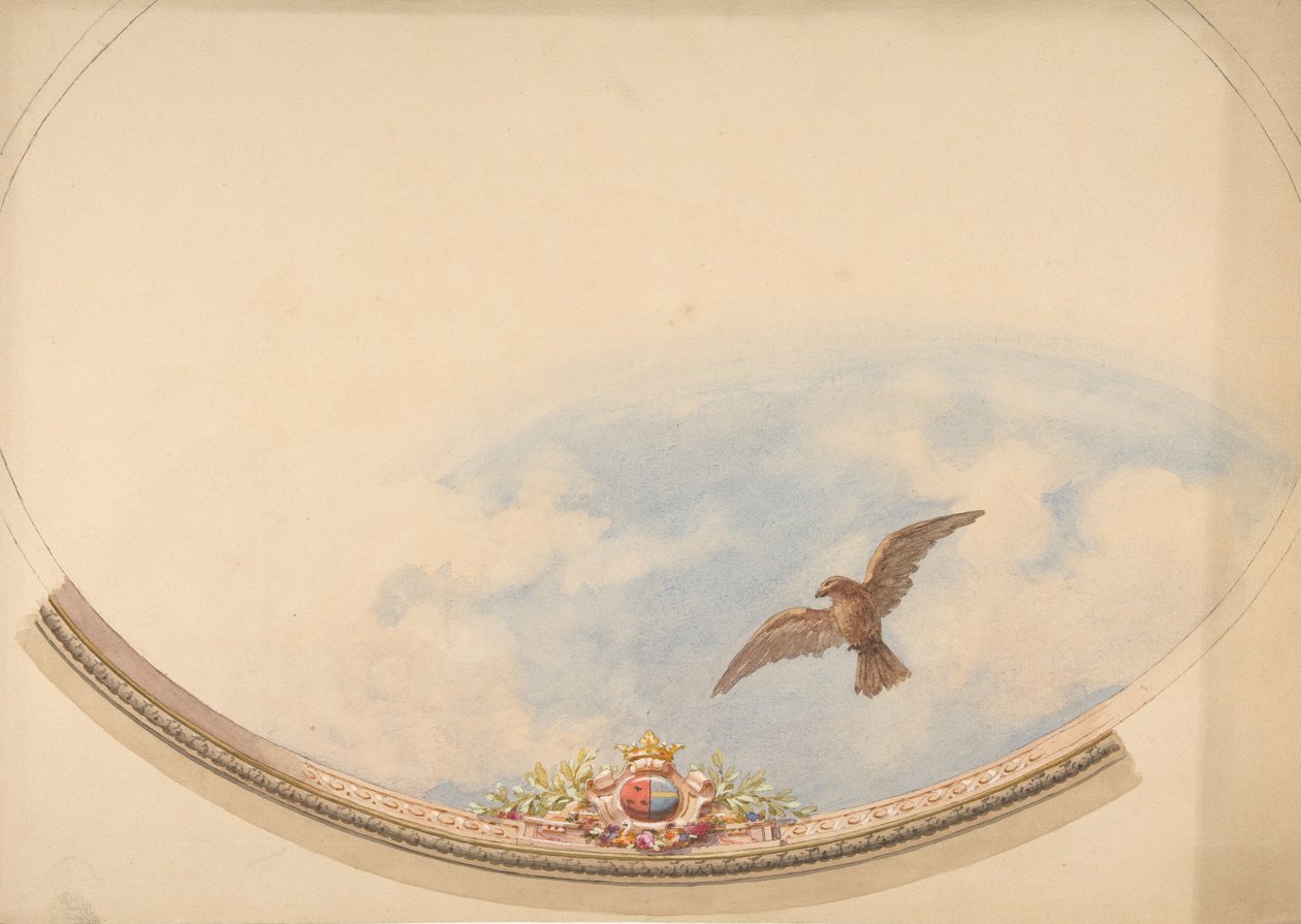 Design for et tak malt med skyer og en svevende ørn, andre halvdel av 1800-tallet. Skapere: Jules-Edmond-Charles Lachaise, Eugène-Pierre Gourdet. av Jules Edmond Charles Lachaise and Eugène Pierre Gourdet