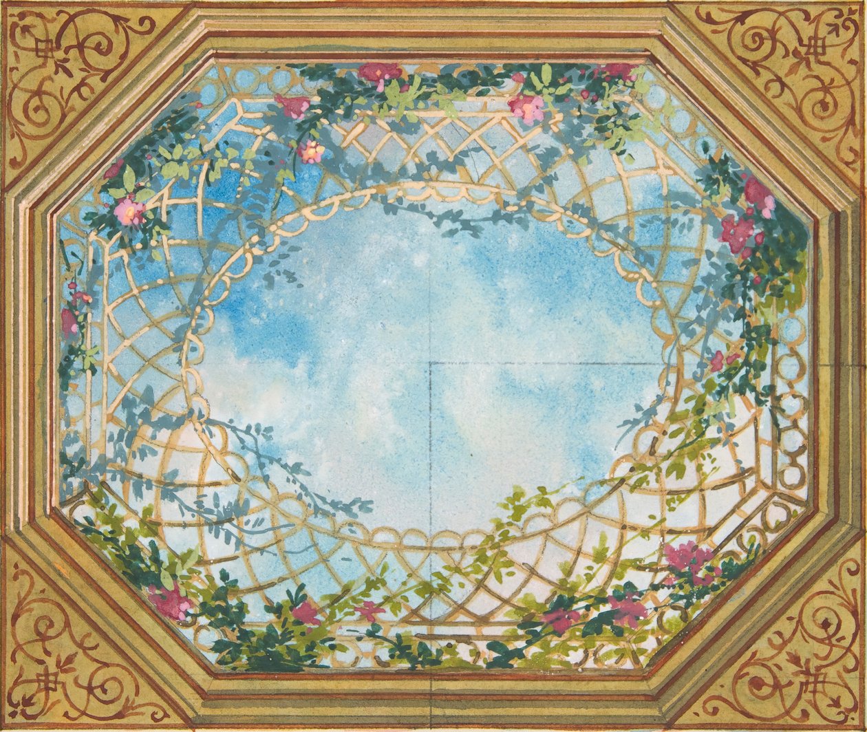 Design for et tak malt med skyer, espalier og roser, andre halvdel av 1800-tallet. Skapere: Jules-Edmond-Charles Lachaise, Eugène-Pierre Gourdet. av Jules Edmond Charles Lachaise and Eugène Pierre Gourdet