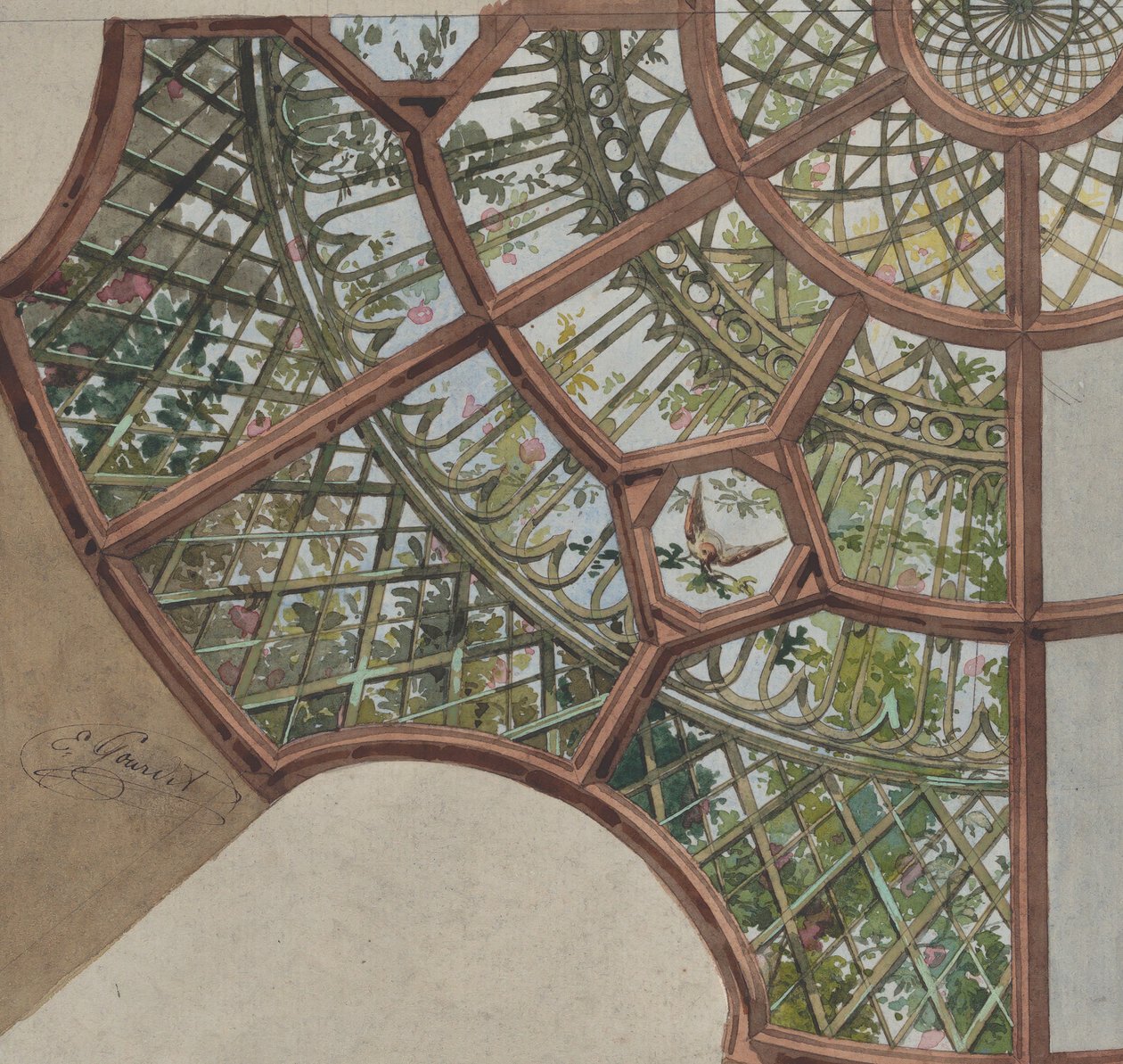 Design for et tak med gitterarbeid og blomstrende vinstokker, andre halvdel av 1800-tallet. Skapere: Jules-Edmond-Charles Lachaise, Eugène-Pierre Gourdet. av Jules Edmond Charles Lachaise and Eugène Pierre Gourdet