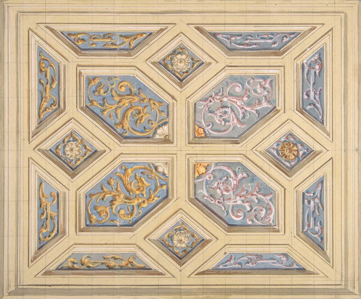 Design for et innkapslet tak dekorert med rinceaux, 1840-97. Skapere: Jules-Edmond-Charles Lachaise, Eugène-Pierre Gourdet. av Jules Edmond Charles Lachaise and Eugène Pierre Gourdet