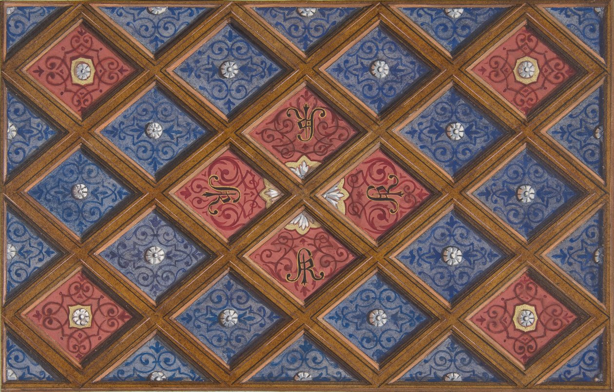 Design for et kofferttak med malte initialer: SRI , 1840-97. Skapere: Jules-Edmond-Charles Lachaise, Eugène-Pierre Gourdet. av Jules Edmond Charles Lachaise and Eugène Pierre Gourdet