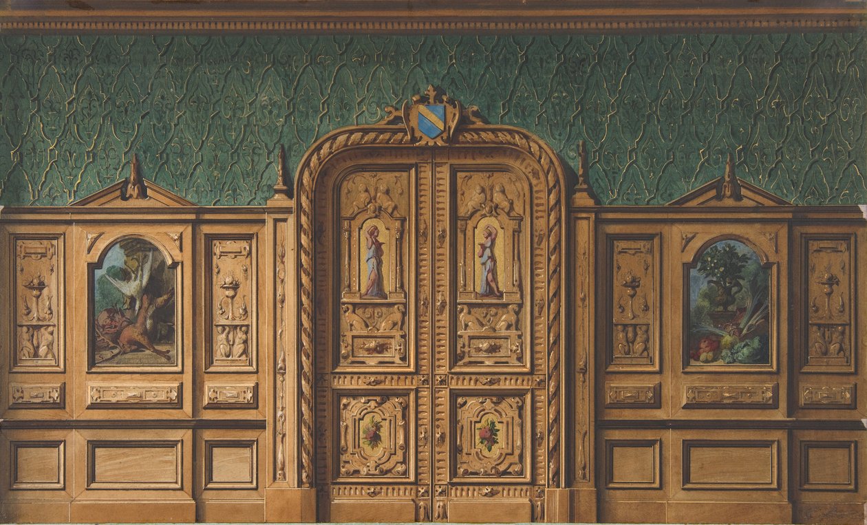 Design for et rom med trepaneler innsatt med malerier og en kraftig utskåret dobbeldør, 1830-97. Skapere: Jules-Edmond-Charles Lachaise, Eugène-Pierre Gourdet. av Jules Edmond Charles Lachaise and Eugène Pierre Gourdet