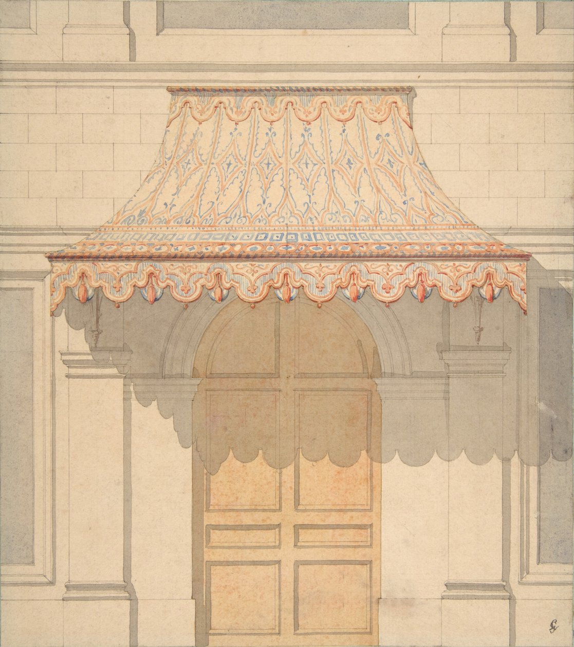 Design for en markise over en dør, i maurisk stil, 1830-97. Skapere: Jules-Edmond-Charles Lachaise, Eugène-Pierre Gourdet. av Jules Edmond Charles Lachaise and Eugène Pierre Gourdet